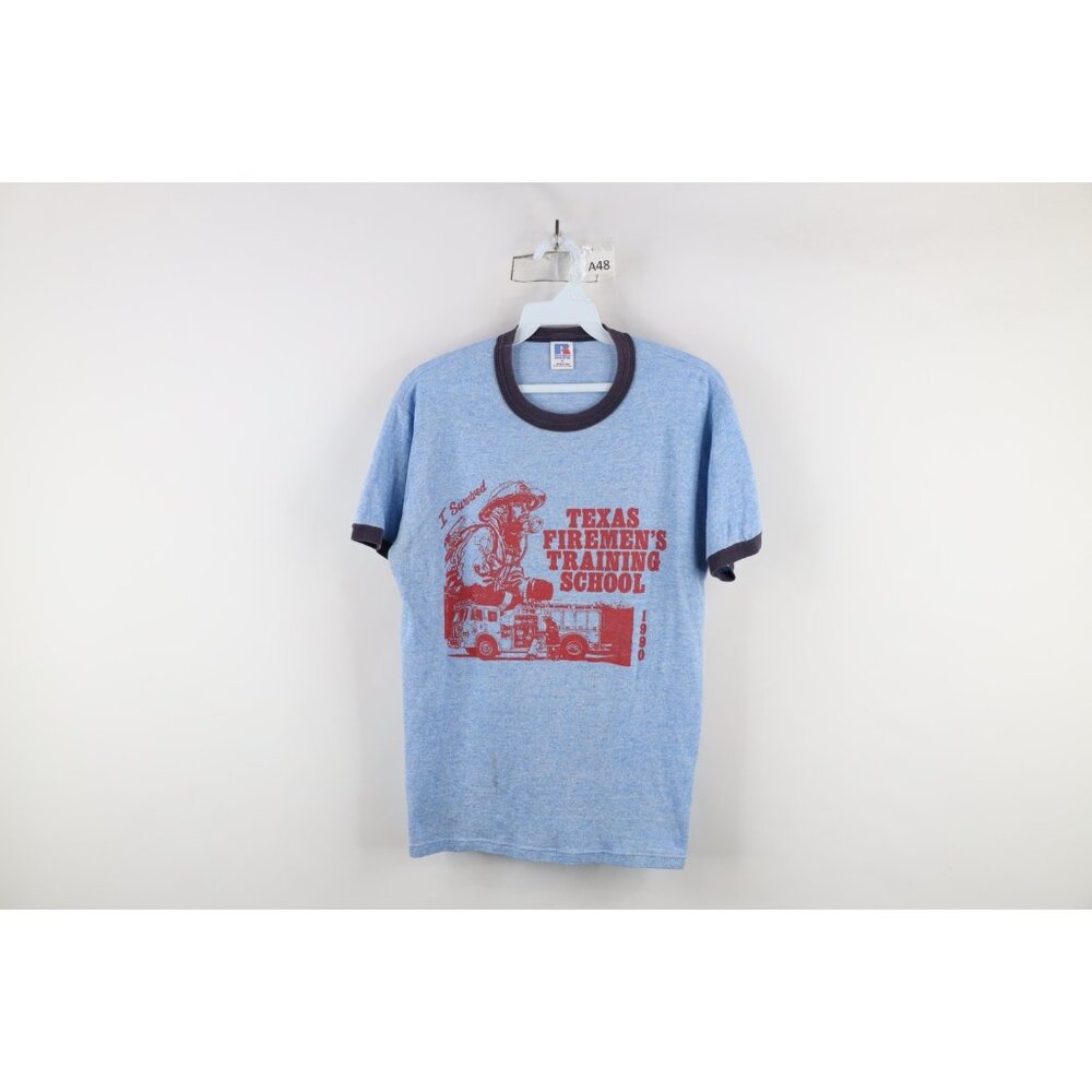 Vtg 90s Russell Athletic Mens M Texas Firemen School Ringer T-Shirt Blue USA